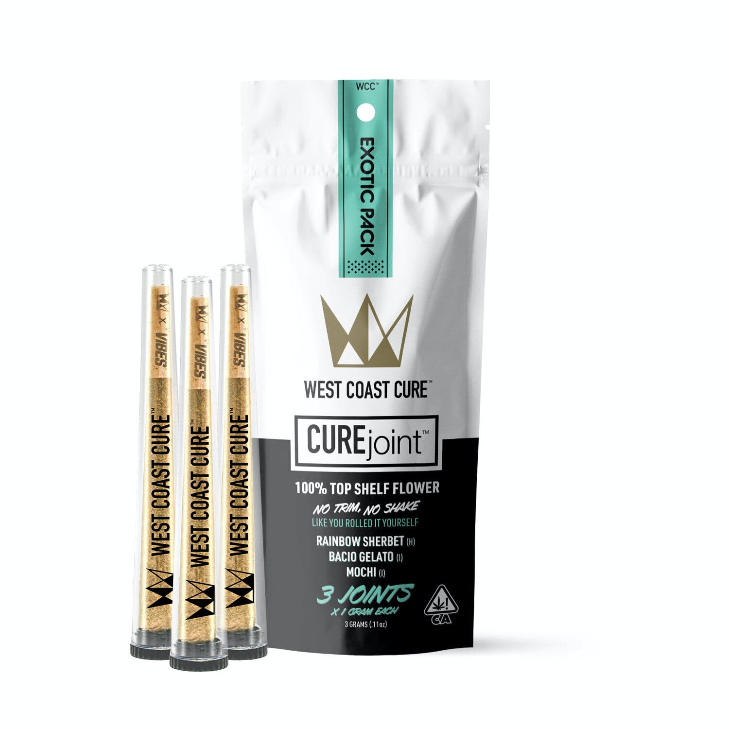 Photograph of product: West Coast Cure The Exotic Pack Preroll 3pk 3g