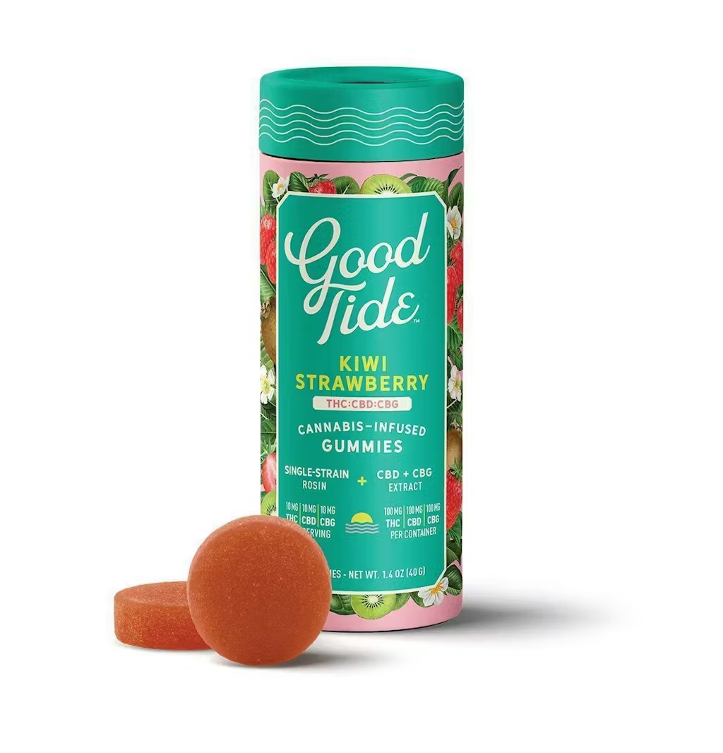 Photograph of product: Good Tide Kiwi Strawberry Rosin Gummies 1:1:1 (TH-oui:CBD:CBG) 10mg 10pk