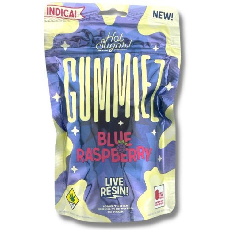Photograph of product: Blue Raspberry Oui'd Gummiez 10pk/100mg Live Resin Infused Fruit Gummiez Solid Edibles 2.29oz (Hot Sugar)