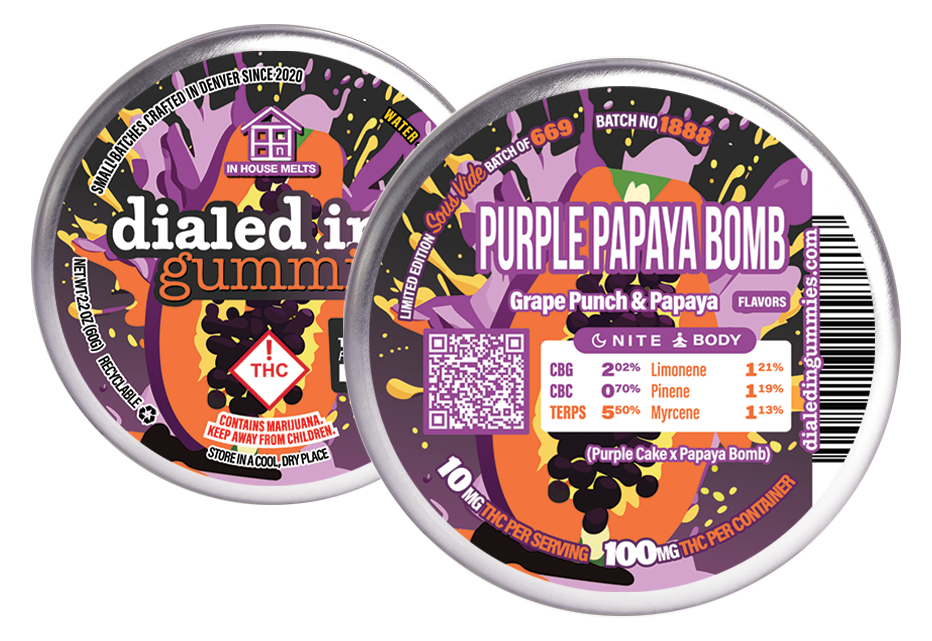 Photograph of product: Rosin Gummies | Purple Papaya Bomb | Grape Punch & Papaya Flavors | 100mg TH-oui (10 pc.) [Batch #1888]
