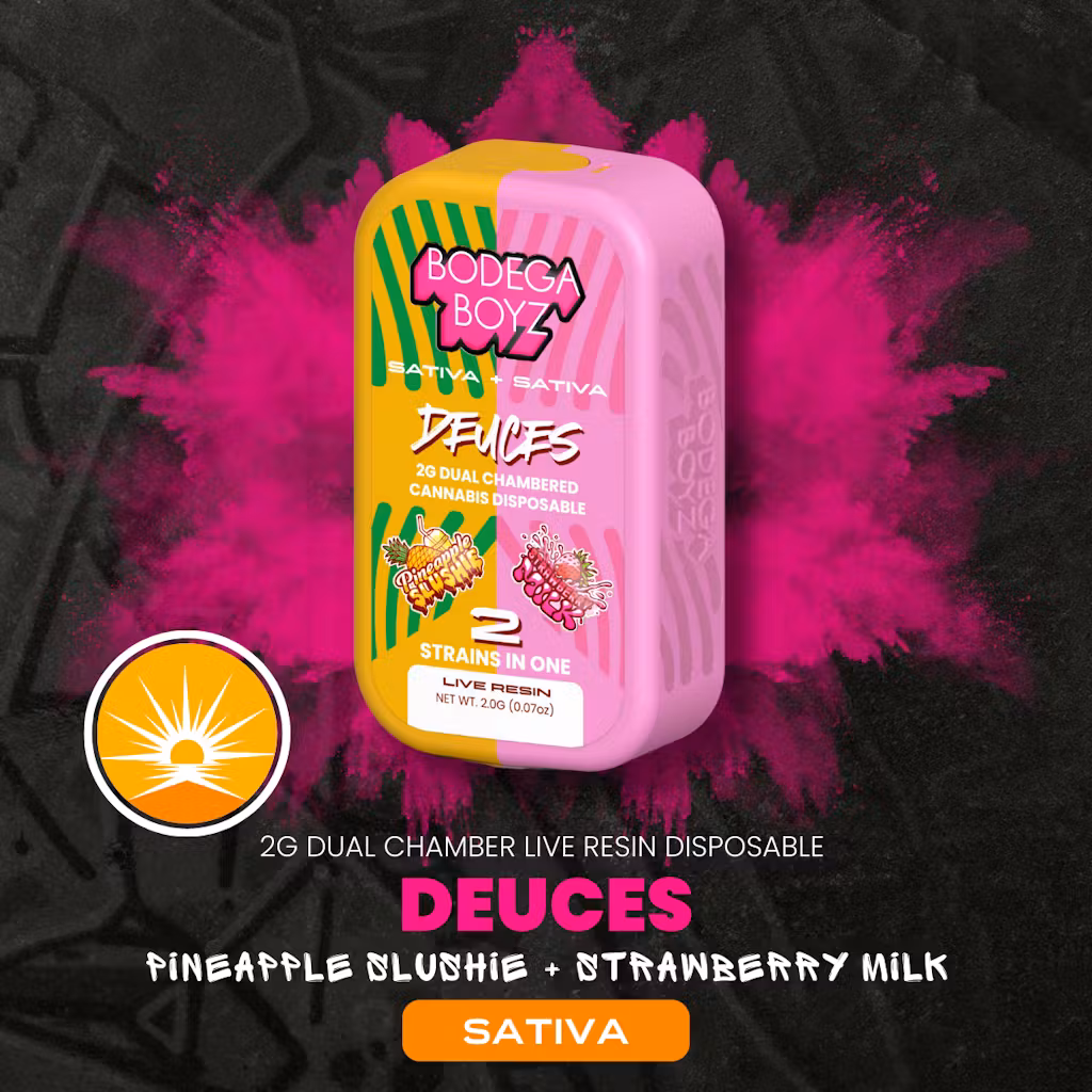 Photograph of product: Bodega Boyz | 2g Dual Live Resin AIO | Deuces | Pineapple Slushie x Strawberry Milk