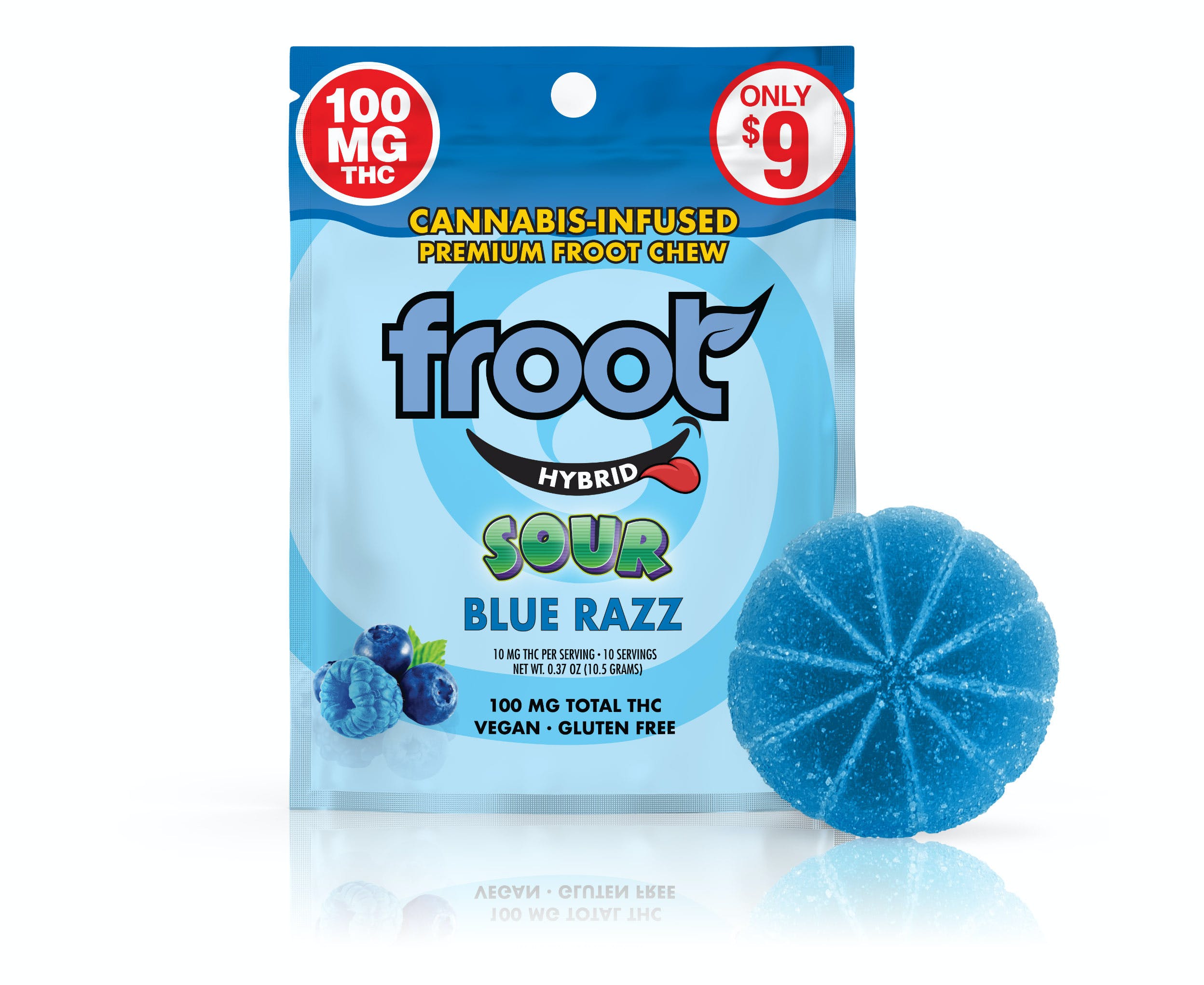 Photograph of product: SOUR BLUE RAZZ 100MG GUMMY