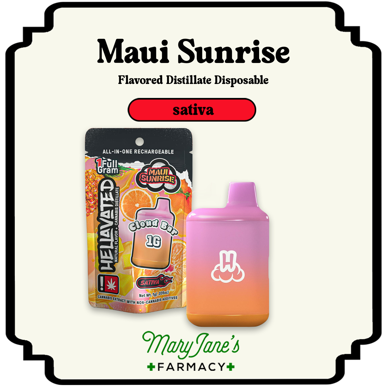 Photograph of product: Maui Sunrise Flavored Distillate Disposable Cartridge Pod | 1g