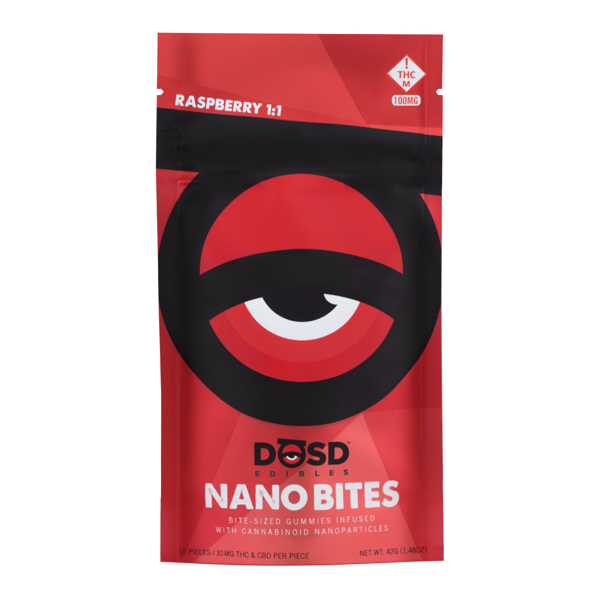 Photograph of product: DOSD - NANO BITES - GUMMIES - 100MG TH-oui / 100MG CBD - 10PK - RASPBERRY 1:1