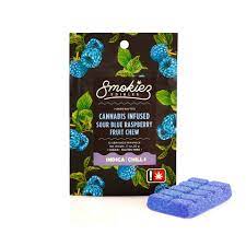 Photograph of product: Smokiez Sour Blue Raspberry Fruit Chew Gummy Single 100mg