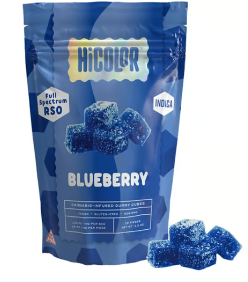 Photograph of product: HiColor. | Blueberry (I) | 10mg x 10ct RSO Chews