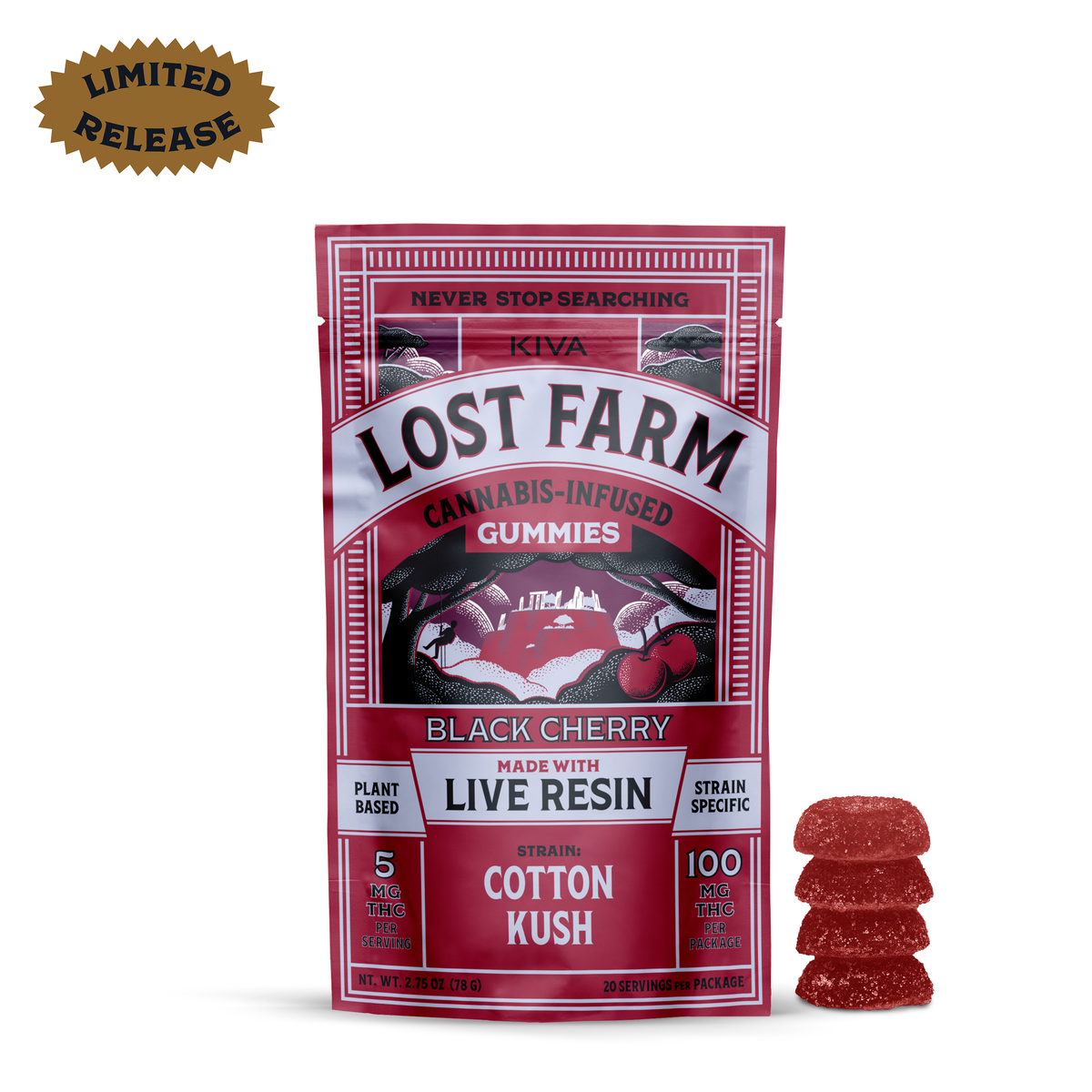 Photograph of product: Lost Farm 'Black Cherry x Cotton Kush' Live Resin Gummies [20pk]