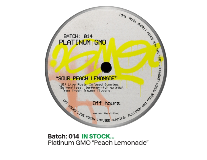 Photograph of product: Offhours Gummies Live Rosin Sour Peach Lemonade 100mg