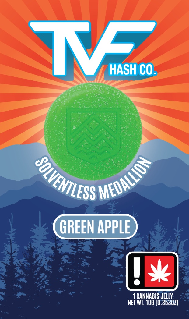 Photograph of product: TVF au chocolat Co. 100mg GREEN APPLE Oui'd Solventless Medallion Single Jelly