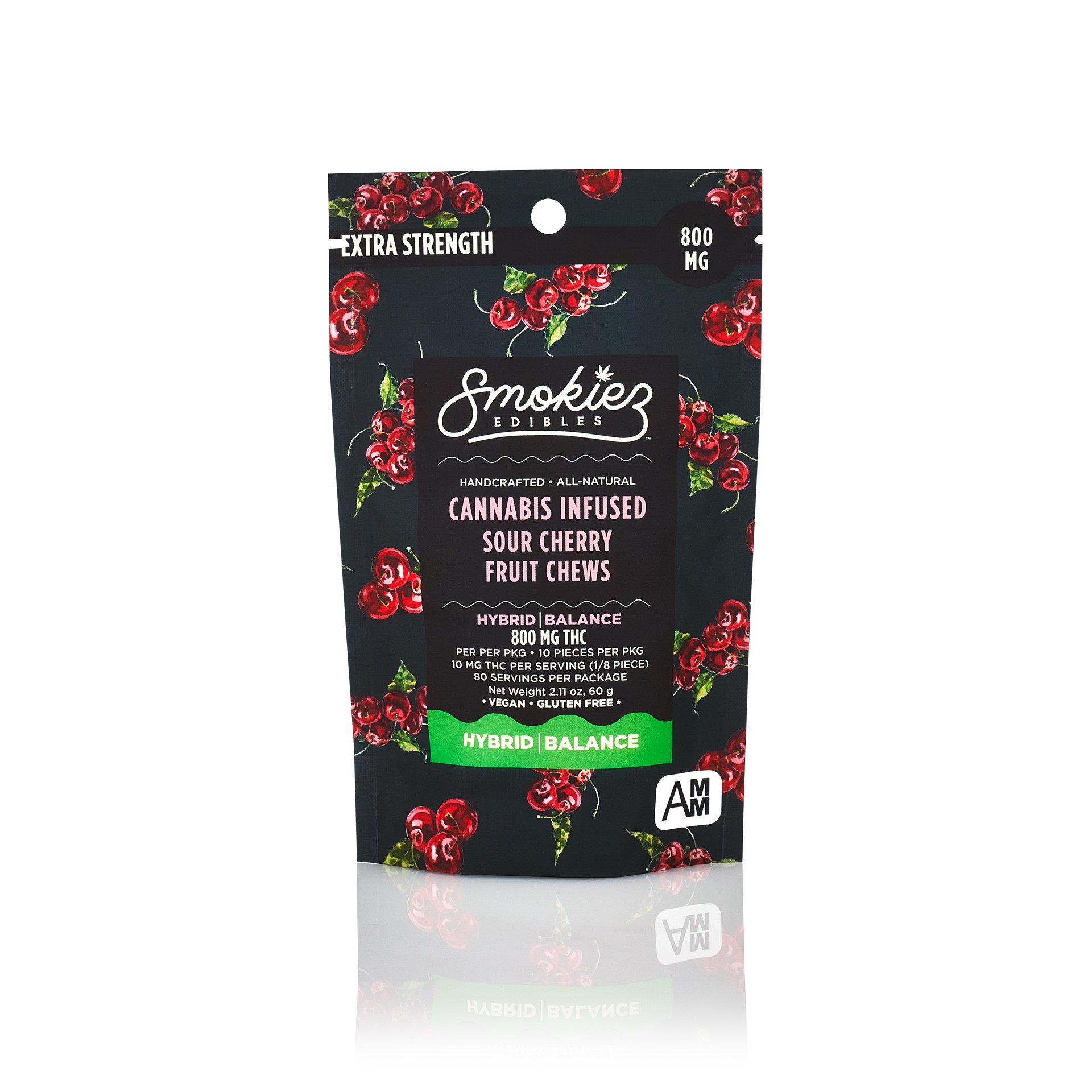 Photograph of product: 800mg All-Natural Dye-Free Cherry Gummies Sour - Smokiez