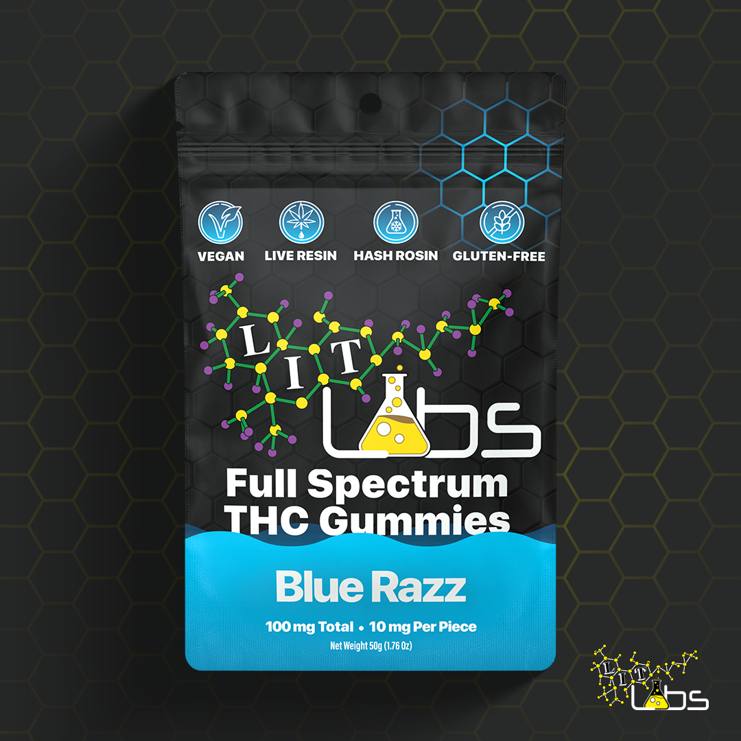 Photograph of product: Blue Razz | 200MG Rosin + Resin Full Spectrum Vegan Gummies