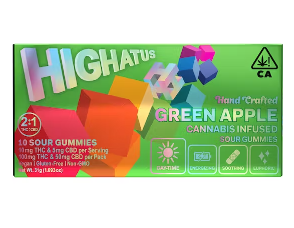 Photograph of product: Green Apple [S] | 100mg 10pk 2:1 THC:CBD Sour Gummies | Highatus