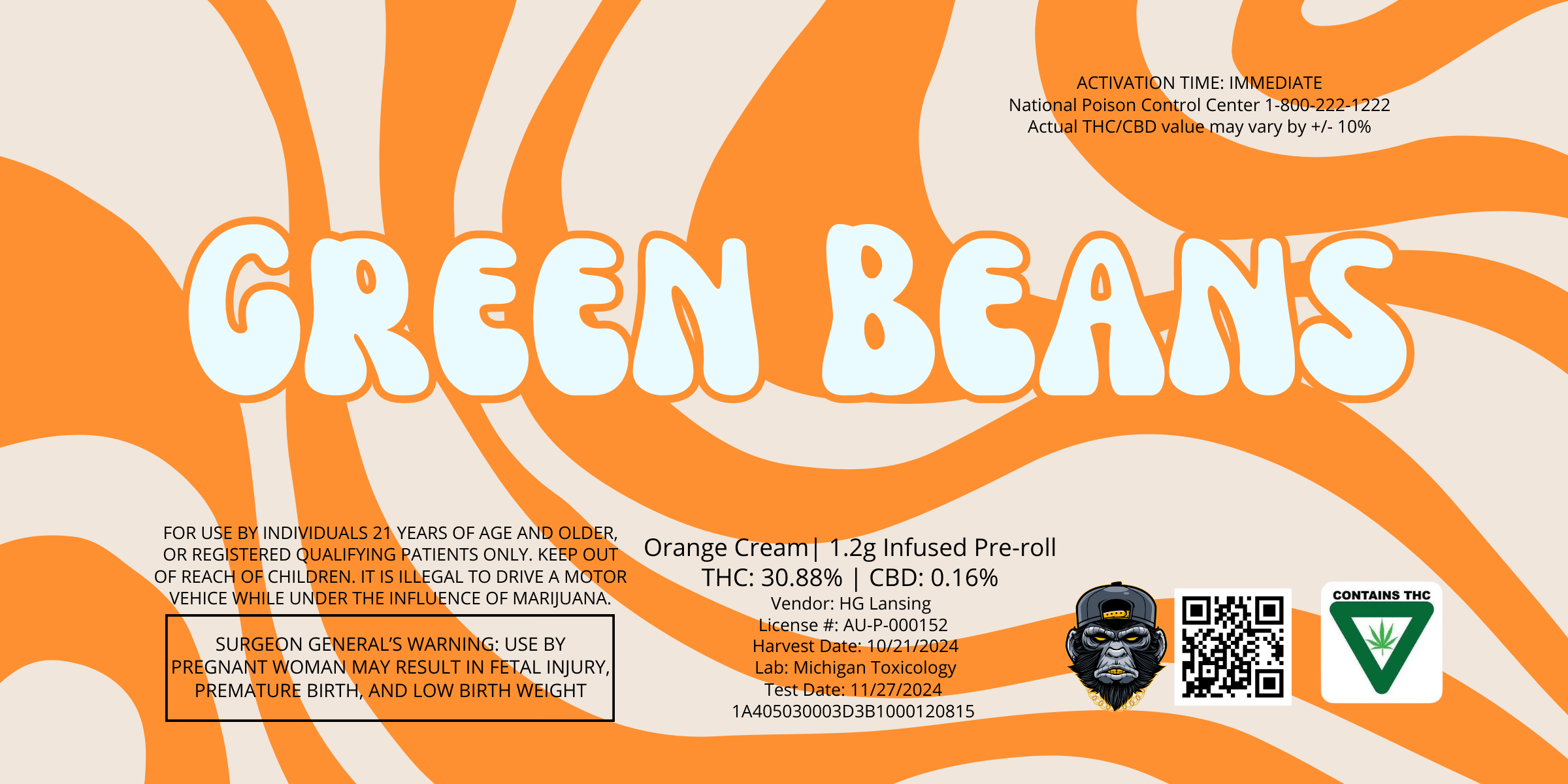 Photograph of product: Green Beans | Orange Cream | 1.2g Infused Pre-Rolls