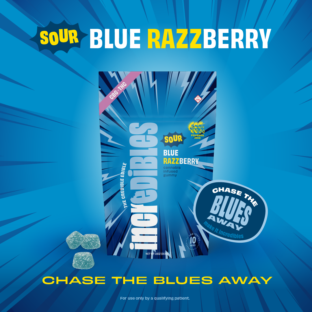 Photograph of product: Incredibles - Gummies - Sour Blue Razzberry 1:1 TH-oui:CBG - 10ct (100mg)