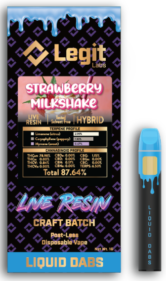 Photograph of product: Strawberry Milkshake | Live Resin | Post-Less Disposable | Legit Labs