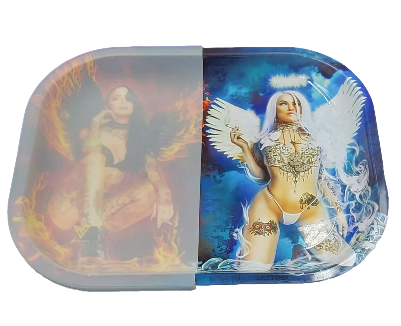 Photograph of product: 7"x 5.5" V Syndicate Metal Rolling Tray with 1/2 Removable Silicone Cover | Devil vs. Angel