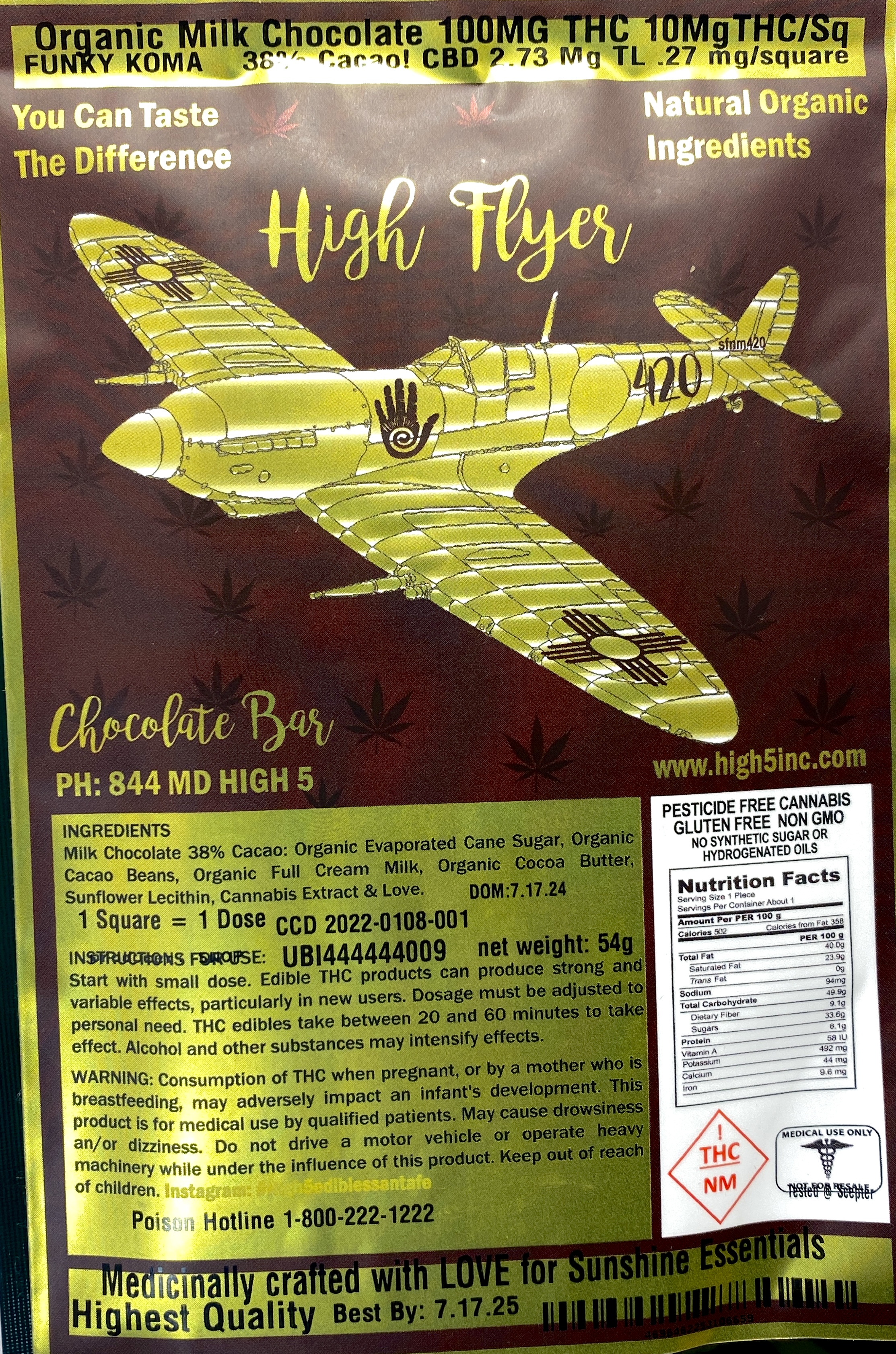 Photograph of product: HIGH 5 | High Flyer | Organic Milk | Chocolate | 100mg