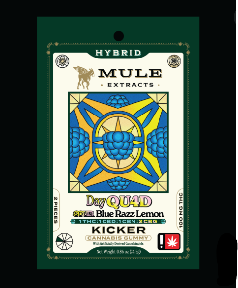 Photograph of product: Mule Kicker | "Day QUAD" 1:1:1:2 Sour Blue Razz Lemon Live Resin Gummy | 100mg