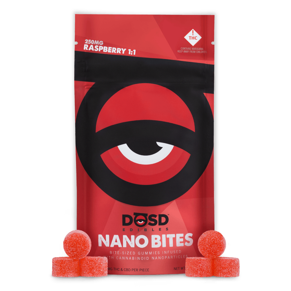 Photograph of product: MEDICAL CARD REQUIRED** DOSD CBD 1:1 Nano Bites Gummies Raspberry