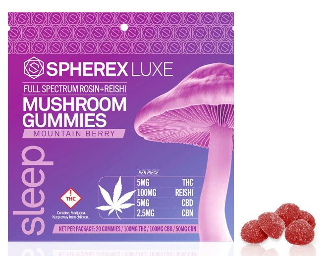 Photograph of product: Spherex Luxe Full Spectrum Rosin + Reishi Mushroom Sleep Gummies 100mg TH-oui / 100mg CBD / 50mg CBN