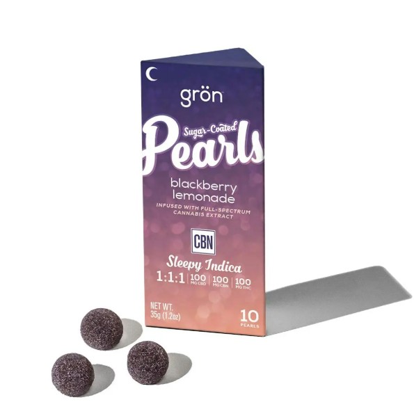 Photograph of product: Gron | Sugar Pearls | Blackberry Lemonade | Gummies 10pk | 1:1:1 TH-oui:CBD:CBN | 100mg
