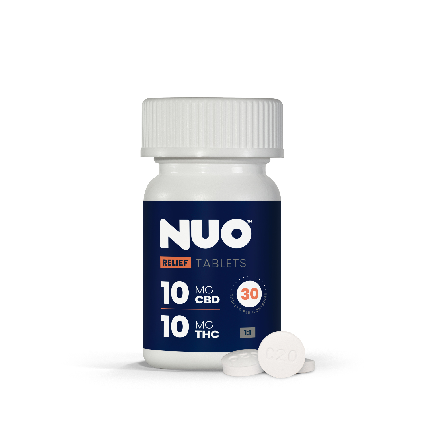 Photograph of product: NUO | Tablet | 1:1 (CBD 300 mg : TH-oui 300 mg) | 30 ct