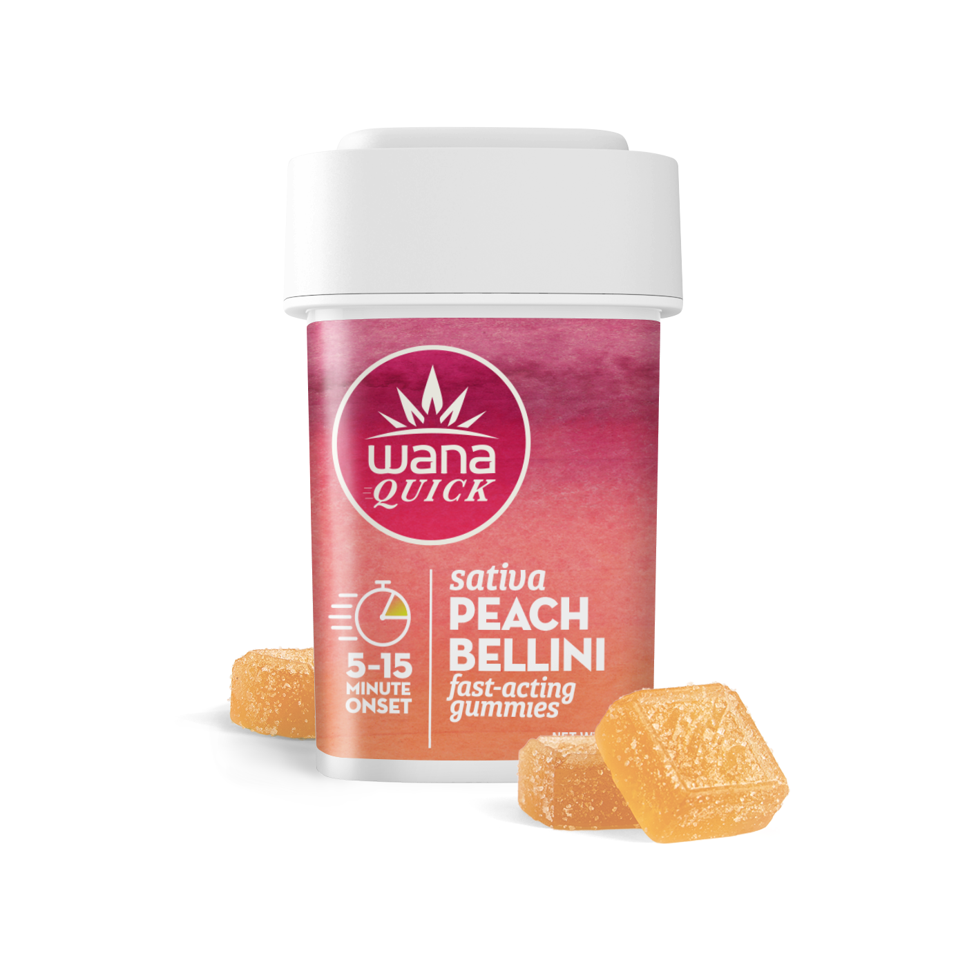 Photograph of product: Wana Quick Sativa Peach Bellini Fast-Acting Gummies-00375