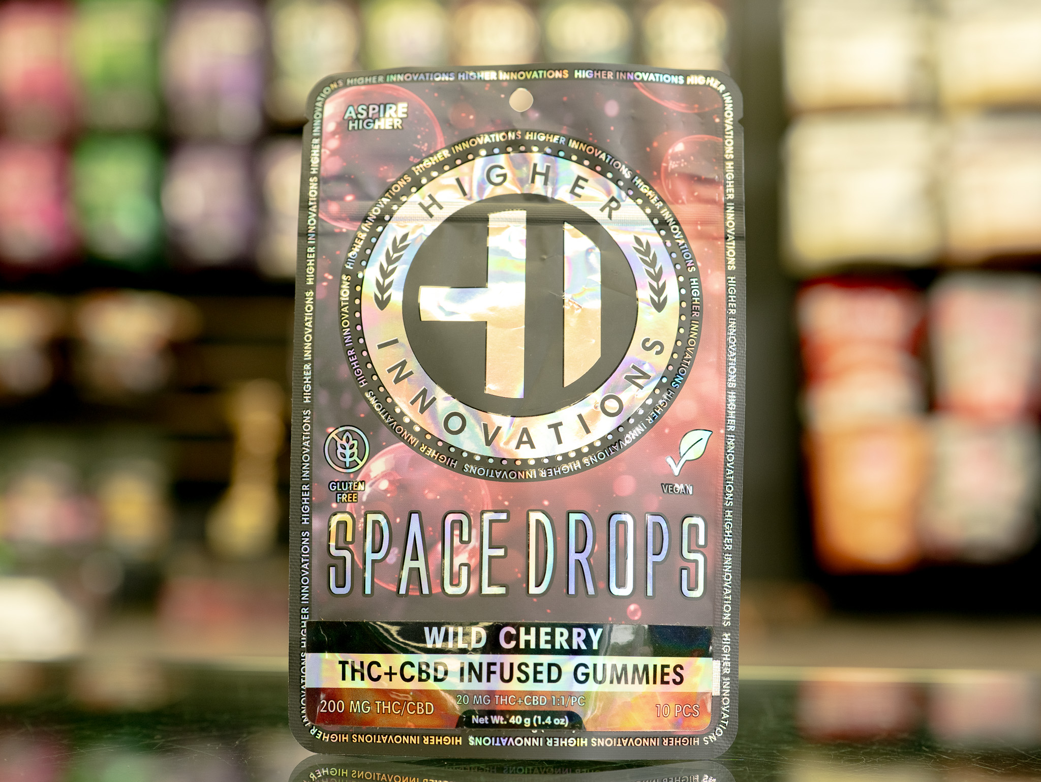 Photograph of product: Higher Innovations | Wild Cherry Space Drops | 1:1 TH-oui/CBD 200mg/10pc Gummies