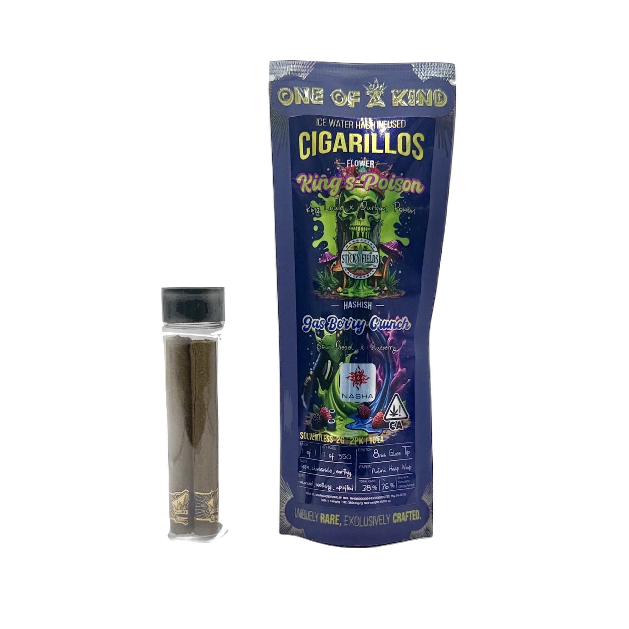 Photograph of product: KING'S POISON X GAS BERRY CRUNCH INFUSED CIGARILLOS 2 PACK 2G