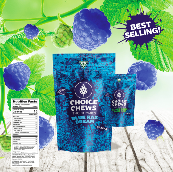 Photograph of product: Gummies | Oui'd Blue Raz Dream | 100mg | 20pk | Choice Chews