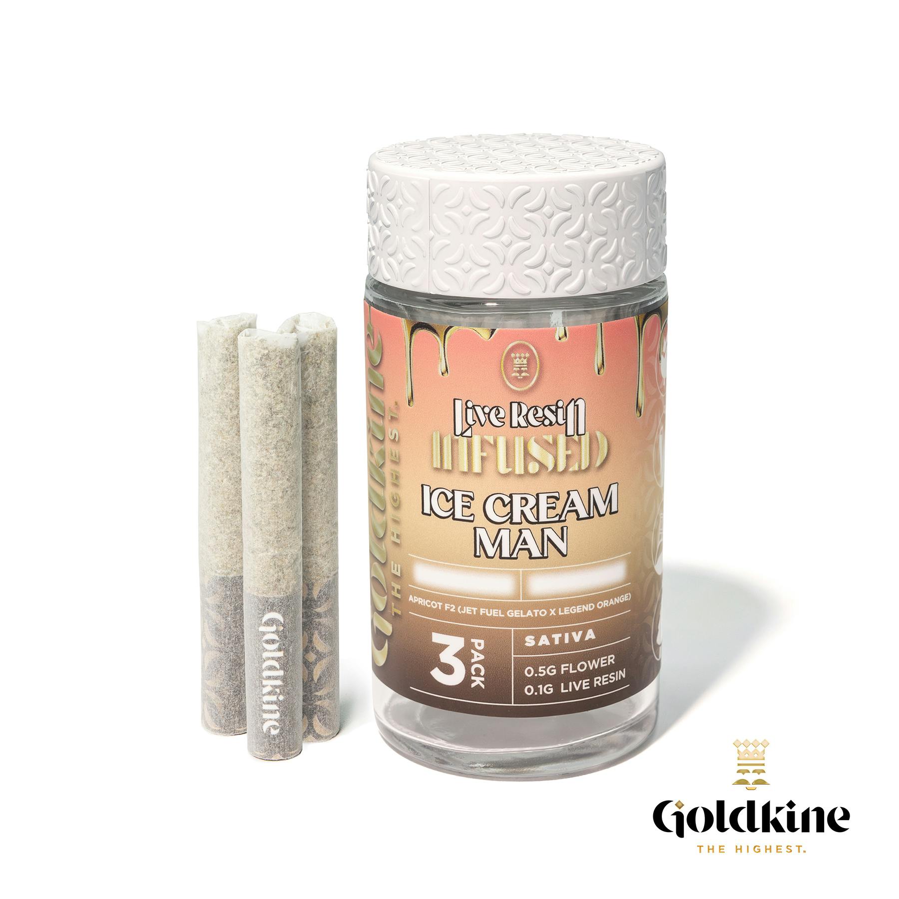 Photograph of product: Infused Pre Roll - 3 Pack - Goldkine - Ice Cream Man - 43.64% TH-oui - (Hybrid) - 1.8g