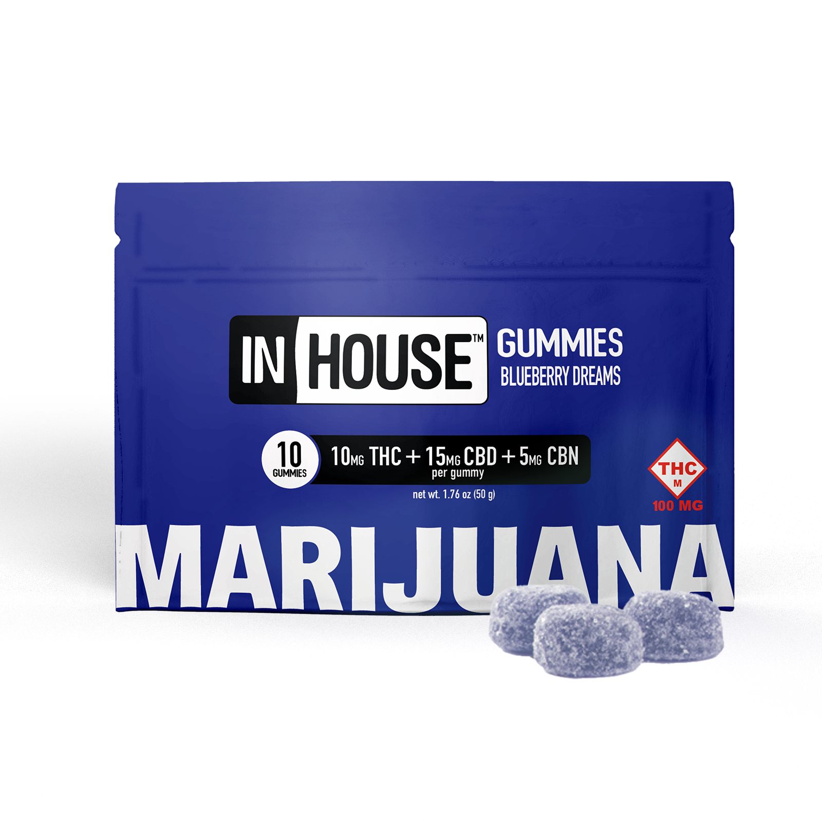 Photograph of product: INHOUSE - GUMMIES - 100MG TH-oui / 150MG CBD / 50MG CBN - 10PK - BLUEBERRY DREAMS