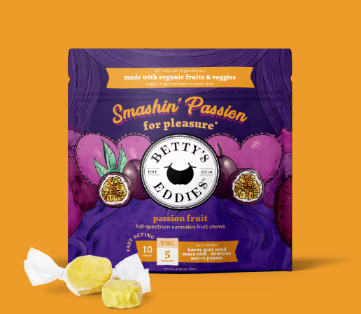 Photograph of product: Betty's Eddies Smashin' Passion Chews for Pleasure 50mg 10pk - Passionfruit