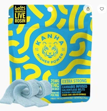 Photograph of product: $28.73 KANHA Live Rosin Belts Blueberry Lemon Drop Hybrid 4-pack Gummies - 