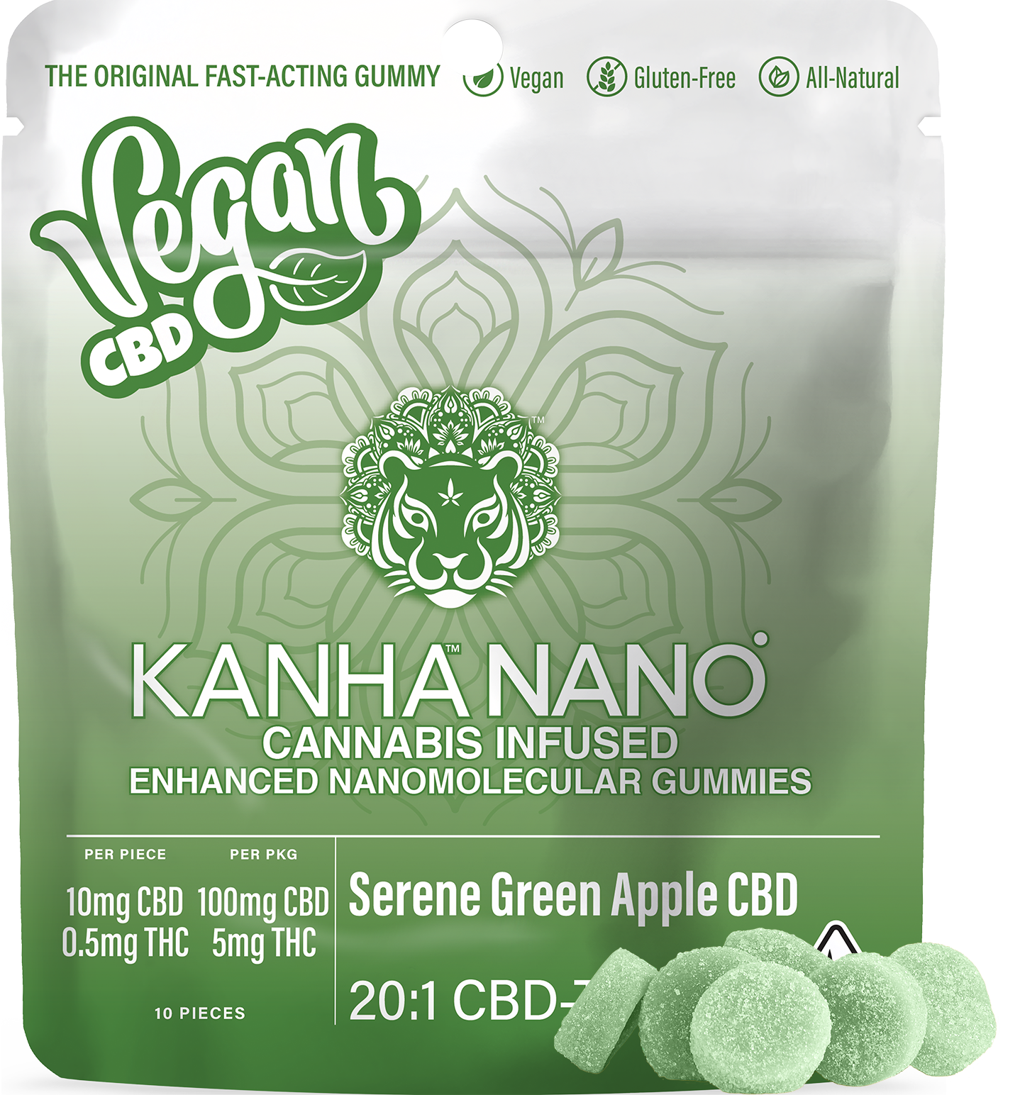 Photograph of product: Serene Green Apple 20:1 CBD Nano Vegan Gummies 10-pack