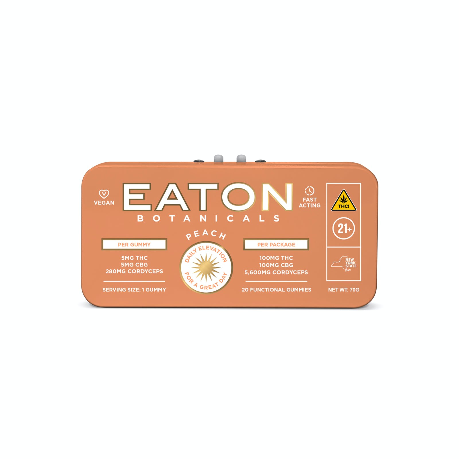 Photograph of product: Eaton Botanicals "Daily Elevation" Peach 5mg TH-oui, 5mg CBG, 280mg CORDYCEPS each