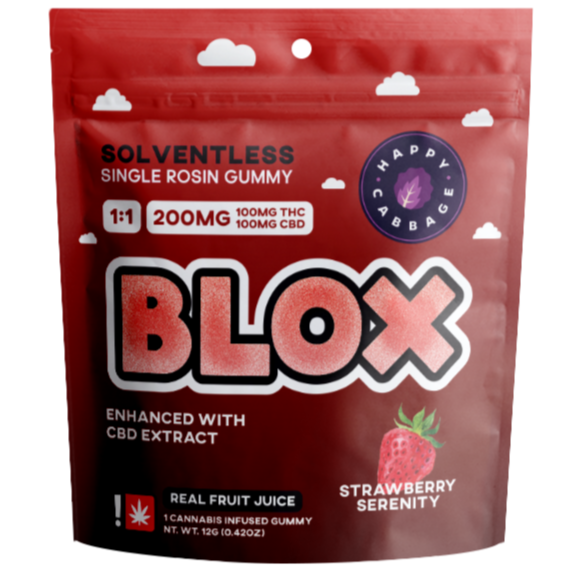Photograph of product: Happy Cabbage > BLOX Single Rosin Gummy 200mg > 1:1 CBD:TH-oui > Strawberry Serenity