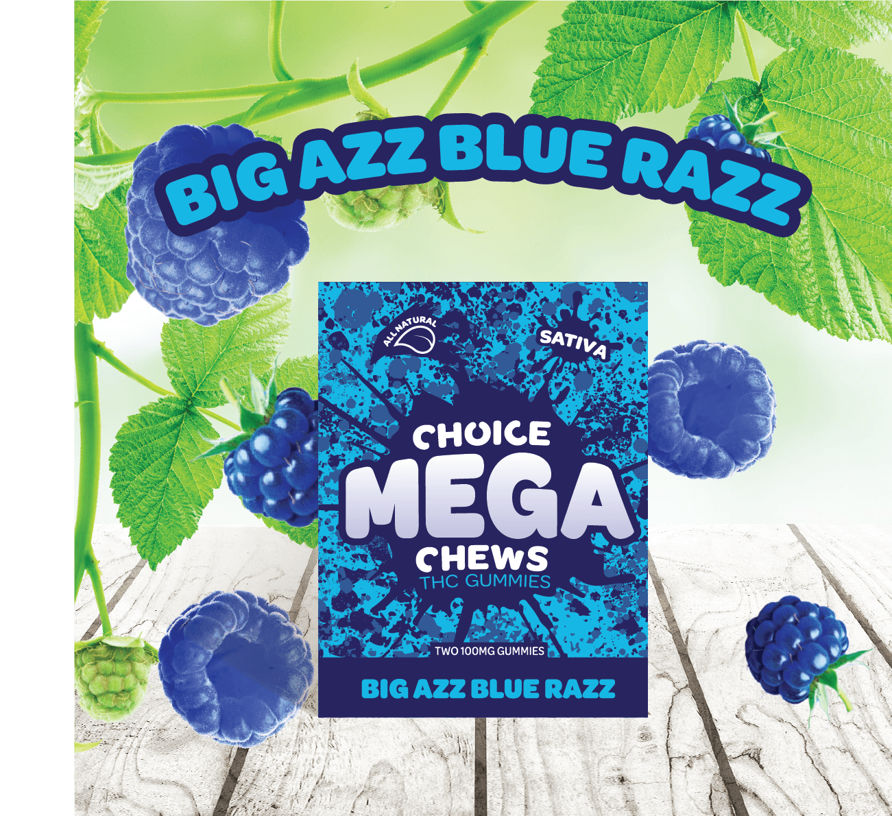 Photograph of product: Big Azz Blue Razz Mega-Chews 2pk | 200mg Gummies