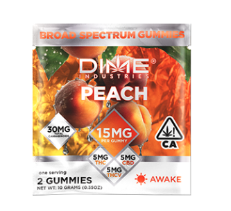 Photograph of product: Dime Industries | Peach 1:1:1 | Balanced Line | TH-ouiV:CBD:TH-oui | Fruit Gummies 2pk | 30mg