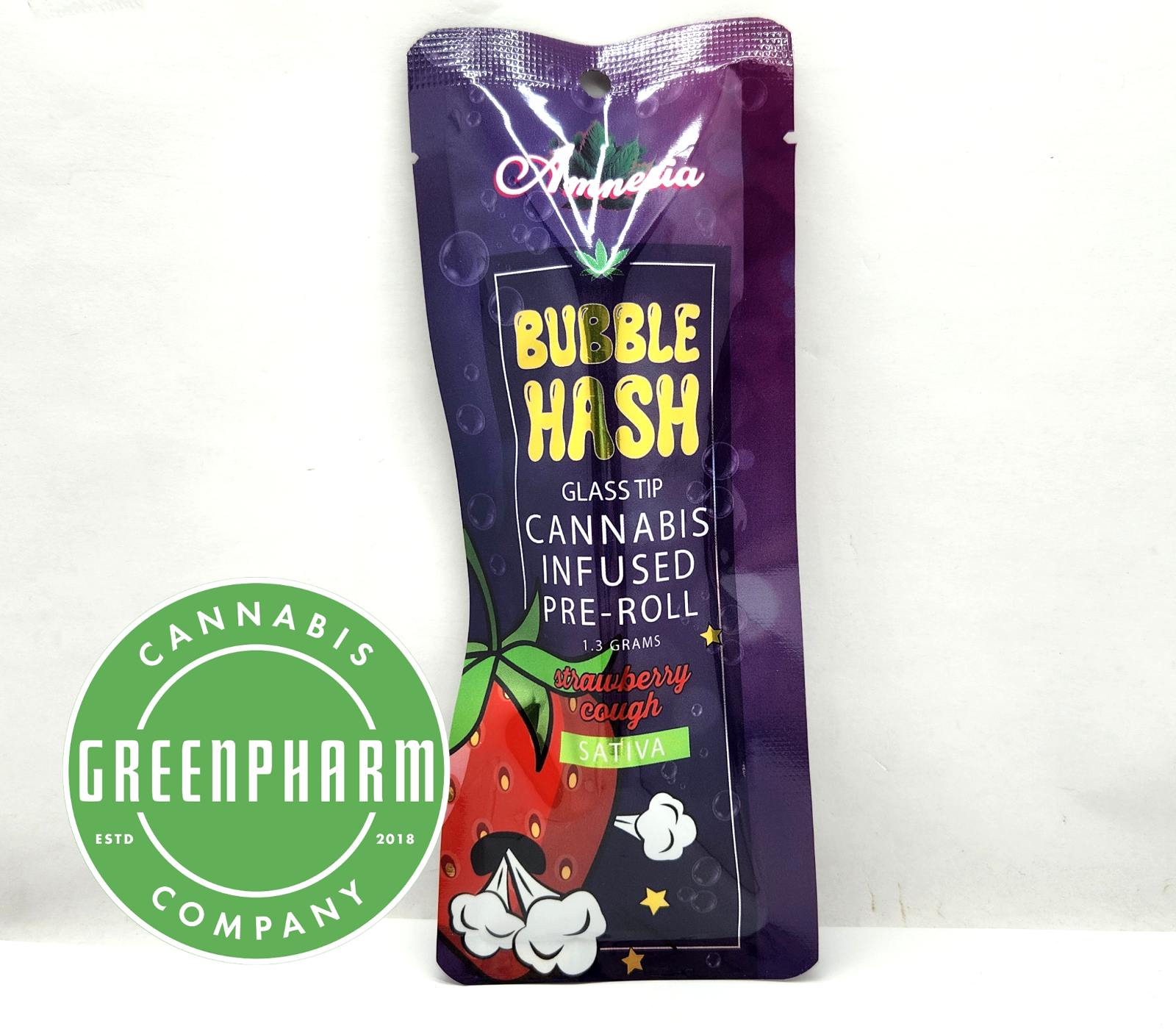 Photograph of product: Infused Pre-Roll | Amnesia | Strawberry Cough Bubble au chocolat Infused | 1.3g