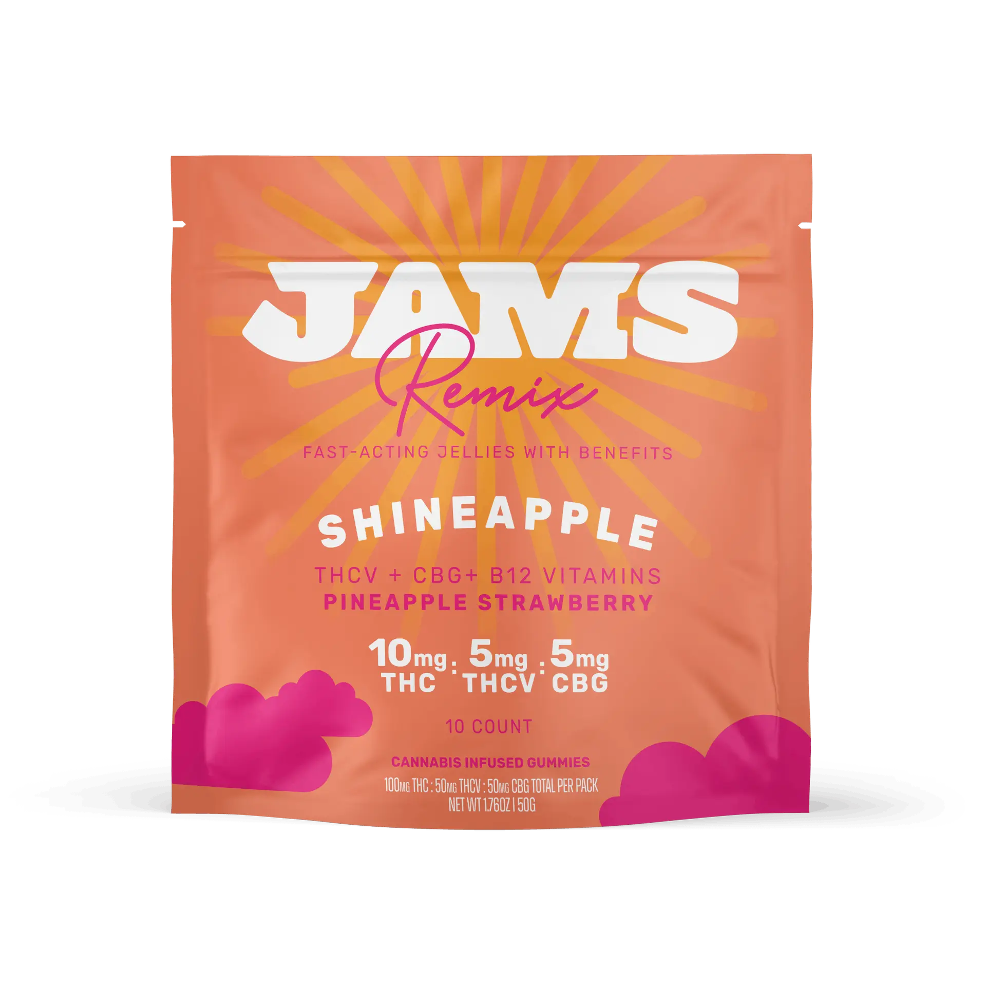 Photograph of product: JAMS Edibles Remix Fast Acting 10pk/100mg- Shineapple (10mg TH-oui: 5mg TH-ouiV: 5mg CBG)