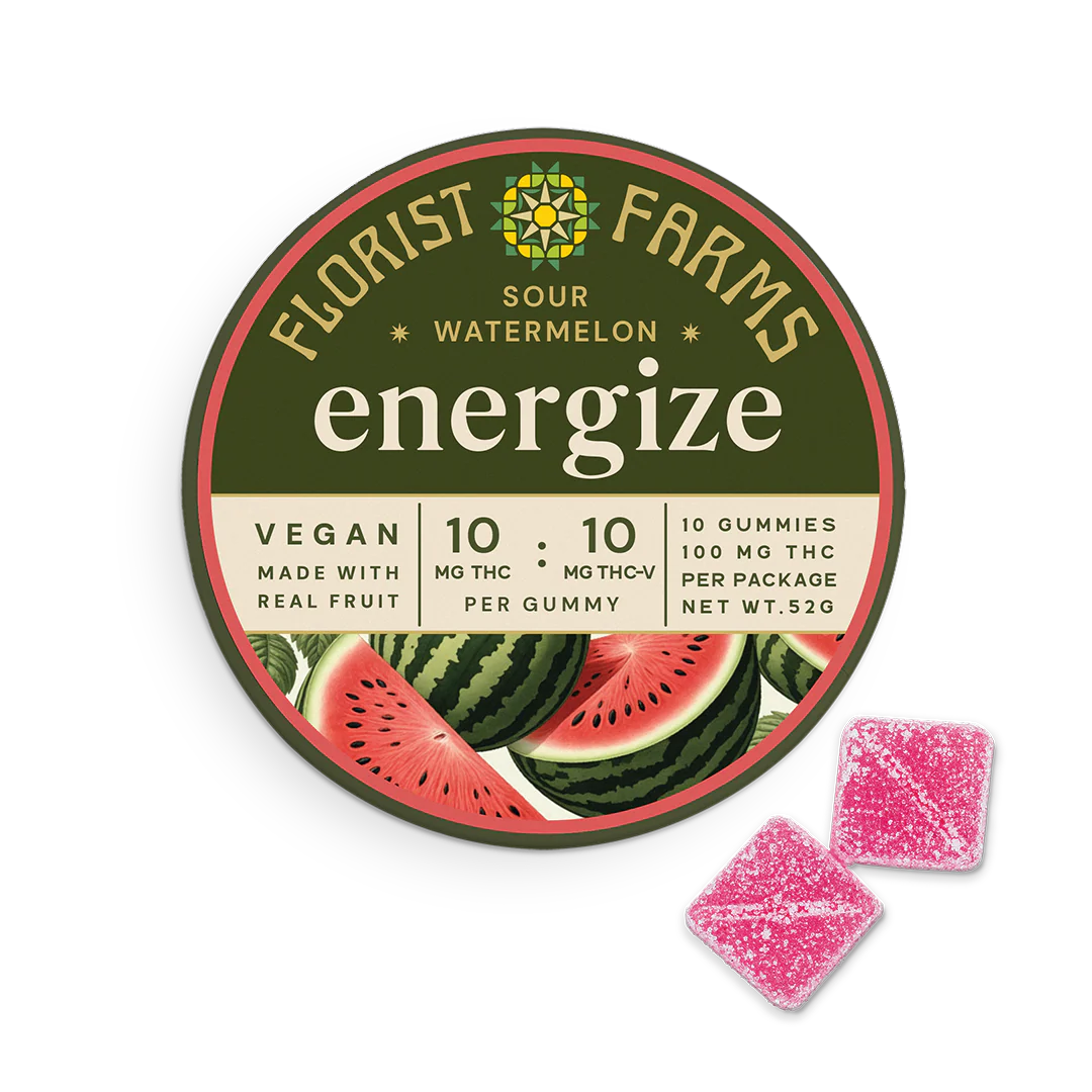 Photograph of product: Florist Farms | Sour Watermelon | Energize | TH-oui:TH-ouiV | Edibles | 10mg | 10pk