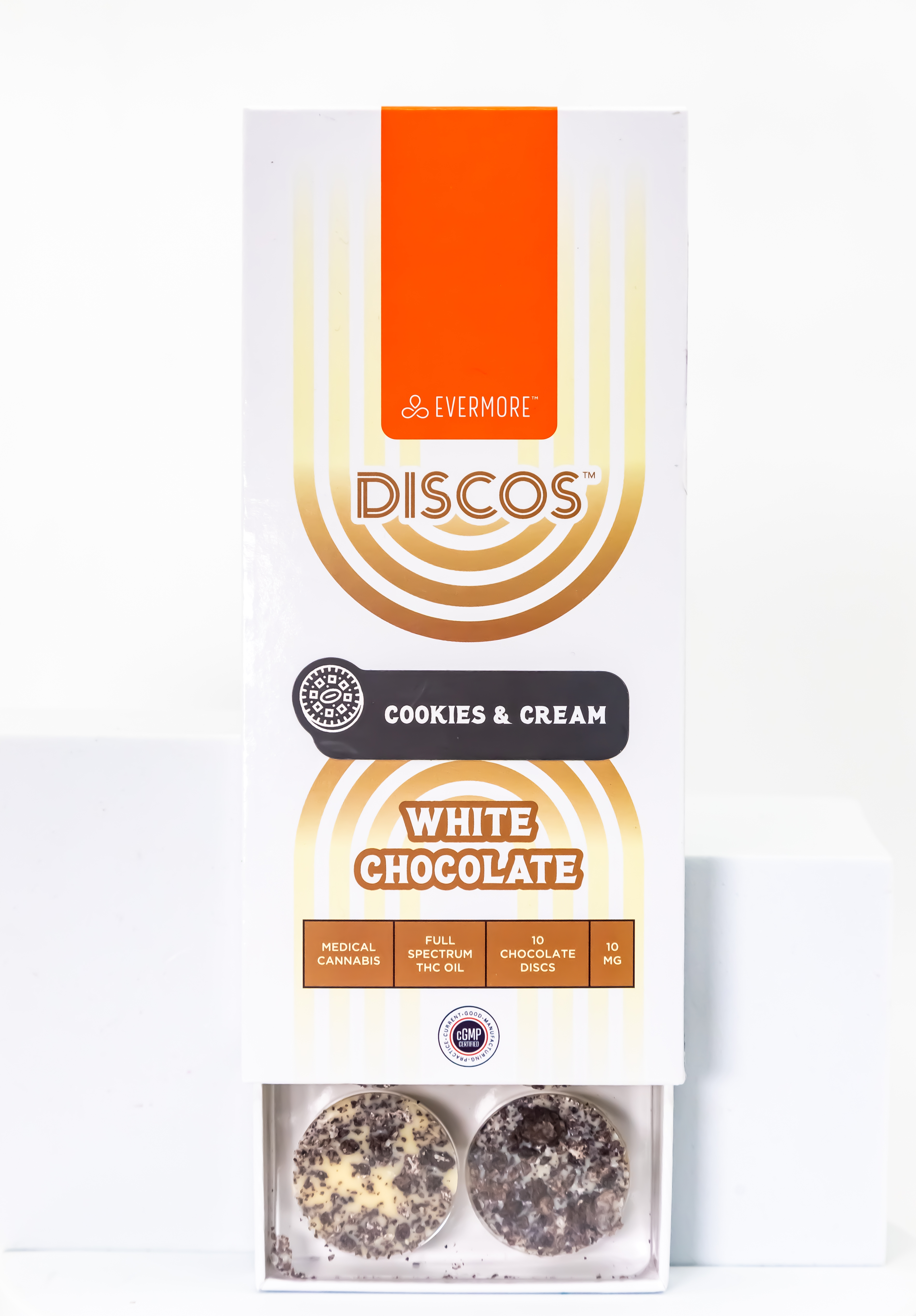 Photograph of product: 100mg Cookies & Cream White Chocolate Discos 10pk