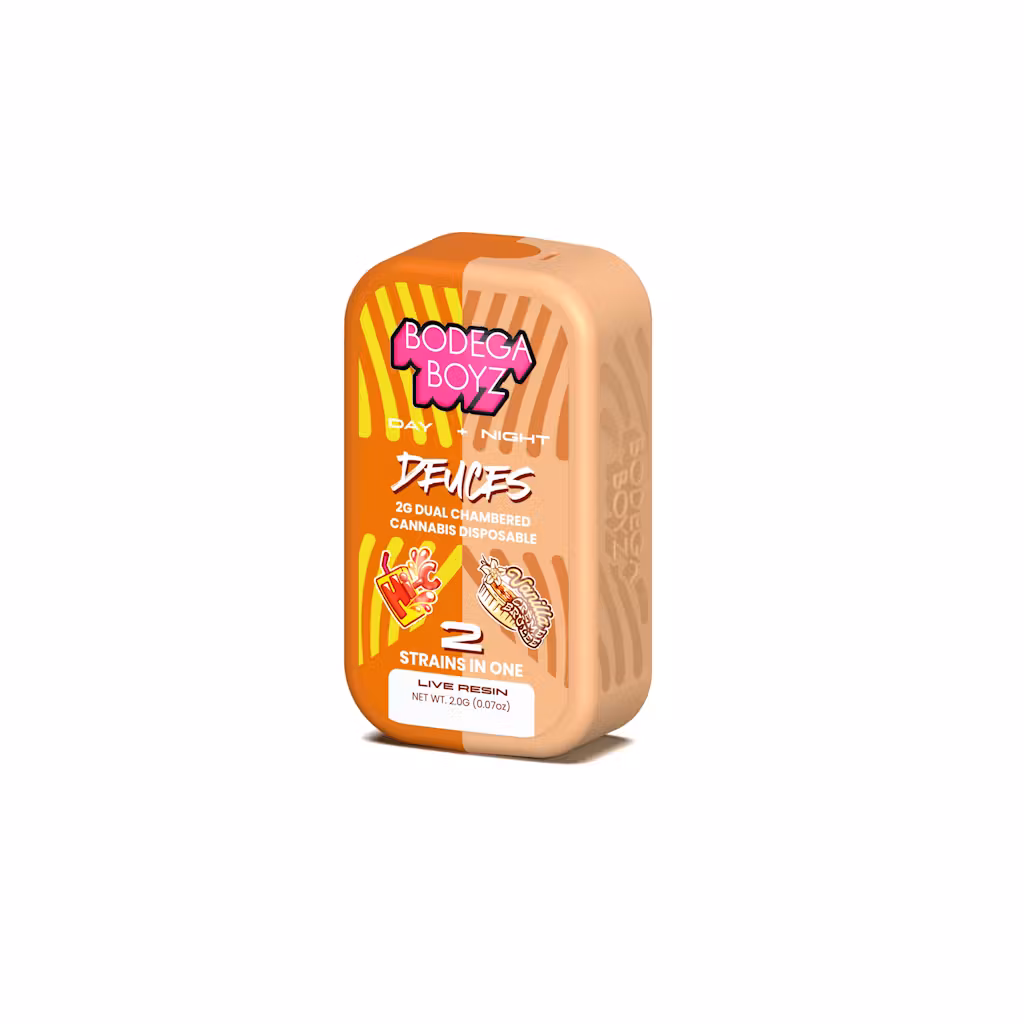 Photograph of Product: Deuces | Vanilla Creme Brulee x OJ Hi-C | Live Resin Dual Chambered Disposable