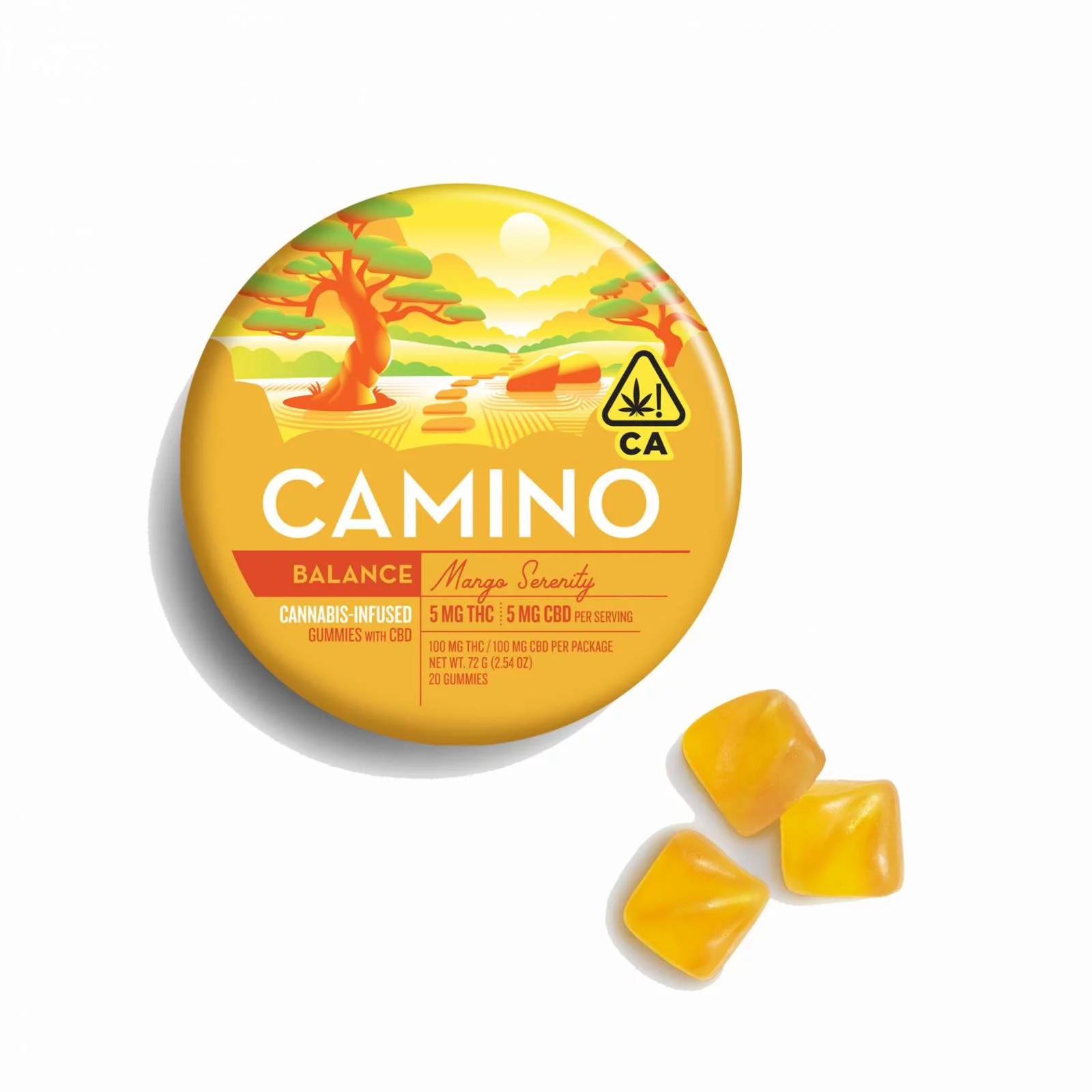 Photograph of product: Kiva | Camino Gummies | Mango Serenity | 1:1 TH-oui:CBD | 20pk/100mg