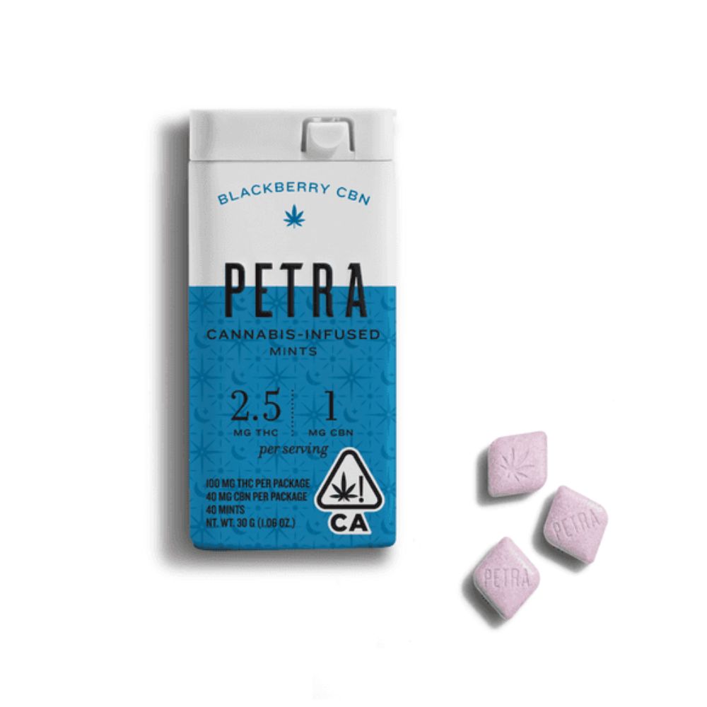Photograph of product: PETRA MINTS - CBN 2:1 BLACKBERRY - KIVA CONFECTIONS