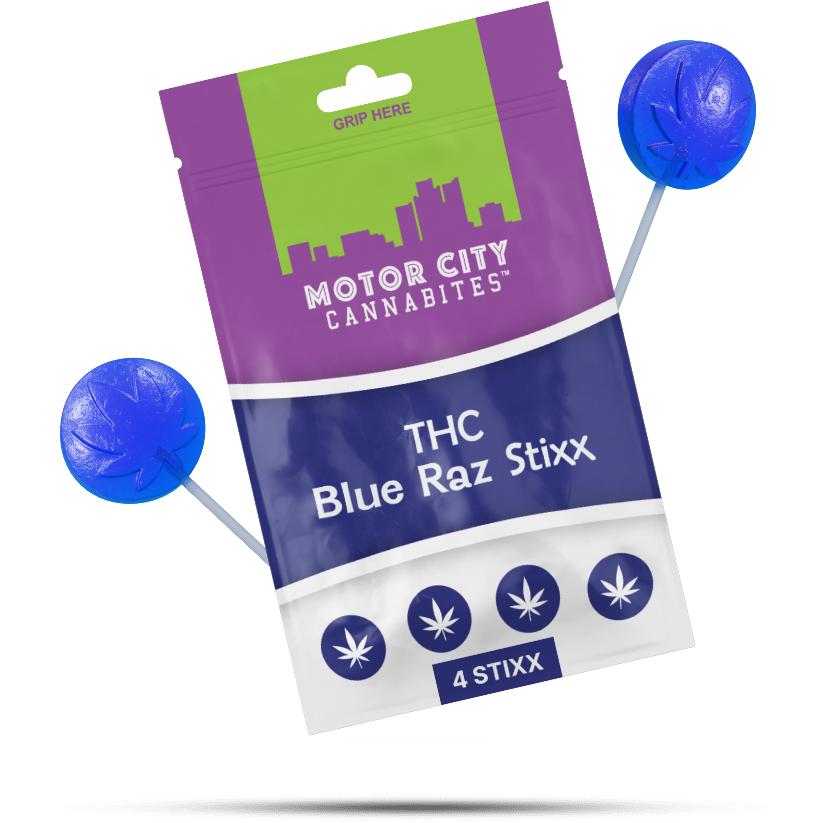Photograph of product: Motor City Cannabites Fast Acting Blue Raz Suckers 200mg