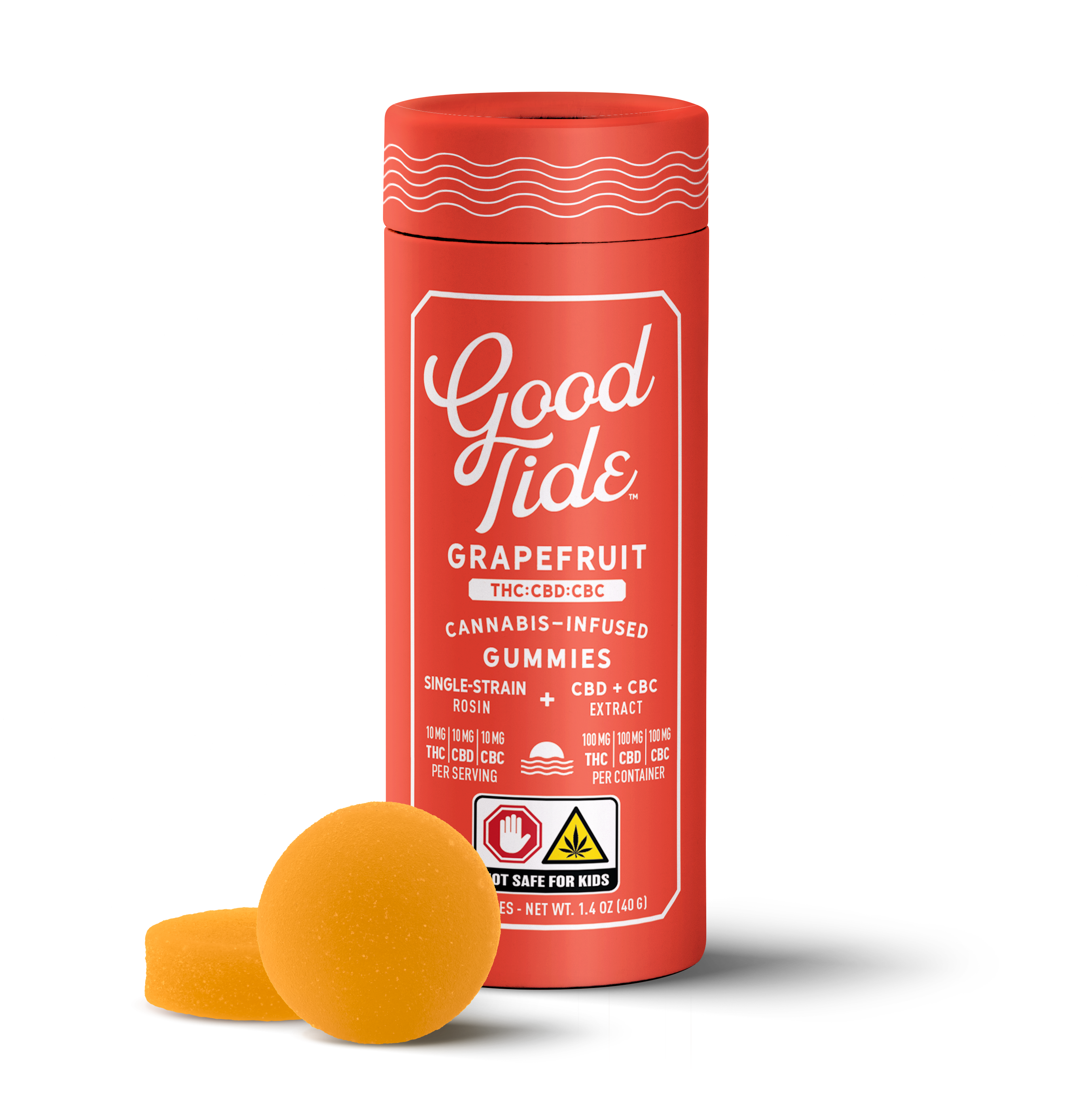 Photograph of product: Good Tide | Grapefruit | Rosin | 10 pack 100mg | 1:1:1 TH-oui:CBD:CBC
