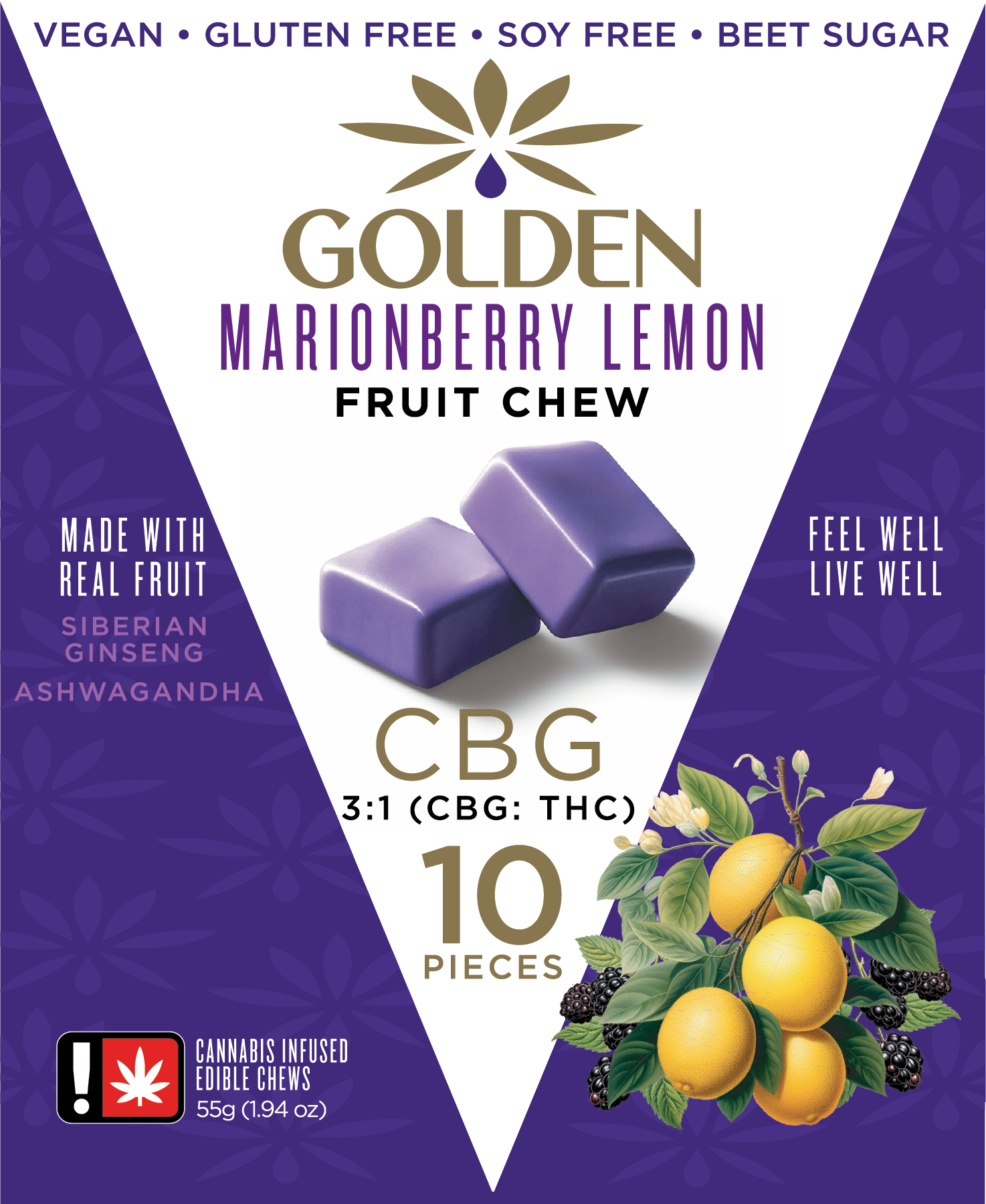 Photograph of product: Golden - 3:1 MARIONBERRY LEMON - Fruit Chew 10 Pack - 100mg - H