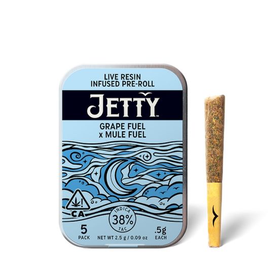 Photograph of product: Jetty Live Resin Infused Pre-roll 5pk Grape Fuel X Muel Fuel 2.5g - 